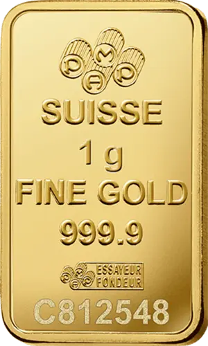 Rückseite Goldbarren Suisse Fortuna 1 Gramm, der Hersteller PAMP