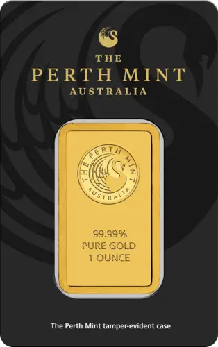 Vorderseite Goldbarren 1 Unze in spezieller Blisterkarte mit Zertifikat, der Hersteller Perth Mint