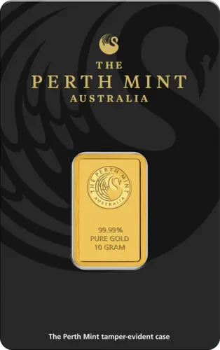 Vorderseite Goldbarren 10 Gramm in spezieller Blisterkarte mit Zertifikat, der Hersteller Perth Mint