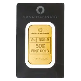 Vorderseite Goldbarren Rand Refinery 50 Gramm, der Hersteller Rand Refinery Südafrika