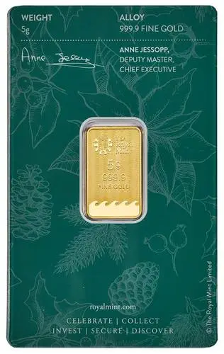 Rückseite Goldbarren Britannia Christmas 5 g in spezieller Blisterkarte mit Zertifikat, der Hersteller Royal Mint