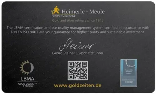 Heimerle und Meule Secain Card 1g Goldbarren, hinten