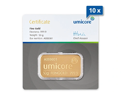 10 x 50 g Goldbarren Umicore