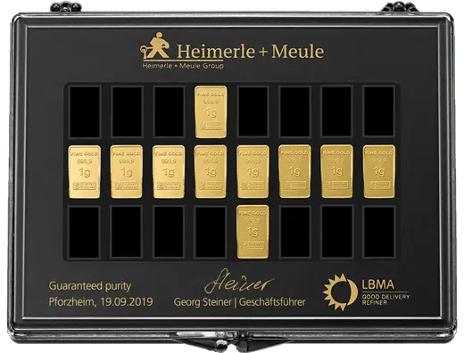 Vorderseite Goldbarren UnityBar Collection 10x1 Gramm, der Hersteller Heimerle & Meule