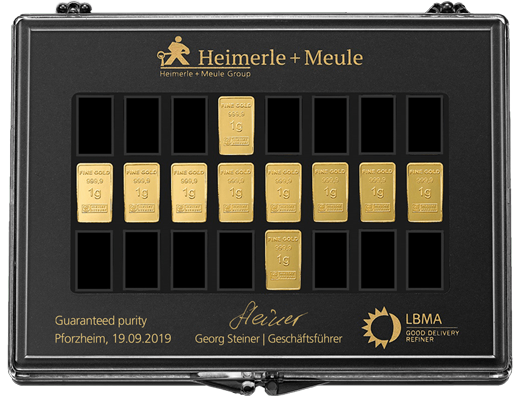 Vorderseite Goldbarren UnityBar Collection 10x1 Gramm, der Hersteller Heimerle & Meule