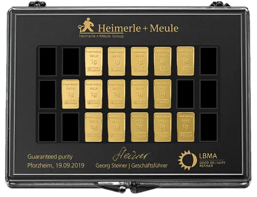 Vorderseite Goldbarren UnityBar Collection 15x1 Gramm, der Hersteller Heimerle & Meule