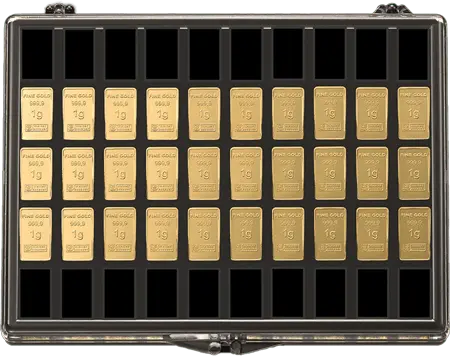 Rückseite Goldbarren 30x1 Gramm UnityBar Collection, der Hersteller Heimerle & Meule