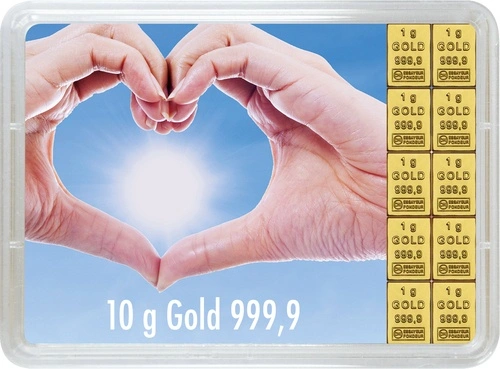 Vorderseite Geschenkgoldbarren Für eine goldene Zukunft 10 Gramm, der Hersteller Valcambi