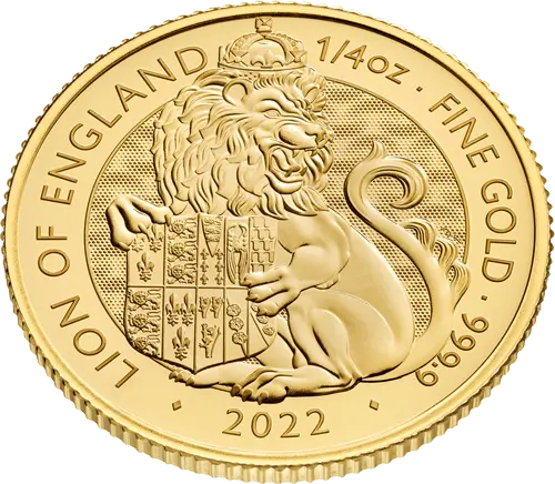 Obenansicht Vorderseite Goldmünze 1/4 Unze The Royal Tudor Beasts - Lion of England 2022, der Hersteller Royal Mint