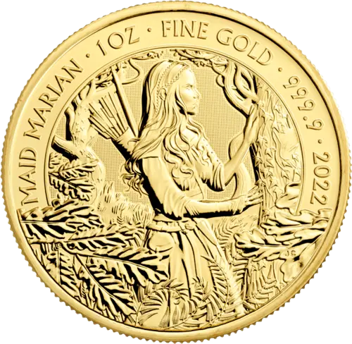 Vorderseite Goldmünze 1 Unze Mythen und Legenden Maid Marian 2022, der Hersteller Royal Mint