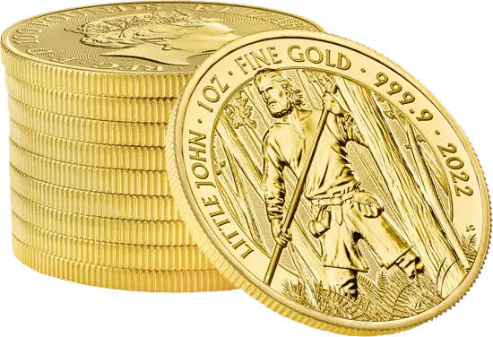 Stapel Goldmünzen 1 Unze Mythen und Legenden Little John 2022, der Hersteller Royal Mint