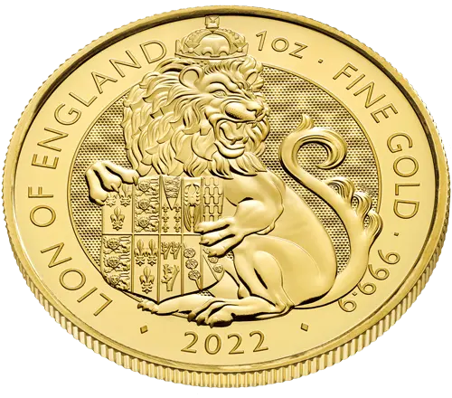 Obenansicht Vorderseite Goldmünze 1 Unze The Royal Tudor Beasts - Lion of England 2022, der Hersteller Royal Mint