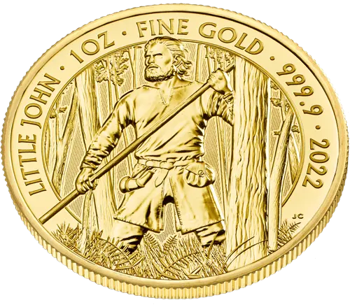 Obenansicht Vorderseite Goldmünze 1 Unze Mythen und Legenden Little John 2022, der Hersteller Royal Mint