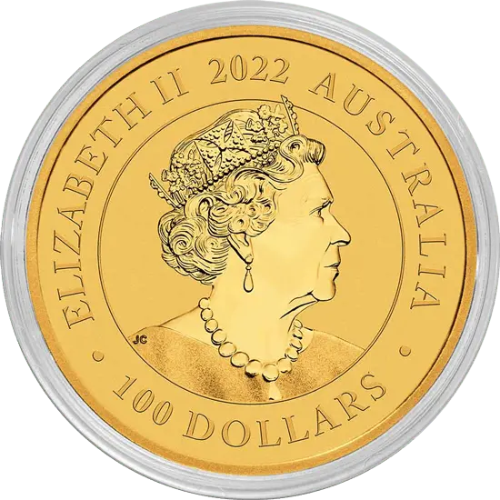 Rückseite Goldmünze 1 Gold Australien Schwan 2022 in Münzkapsel, der Hersteller Perth Mint