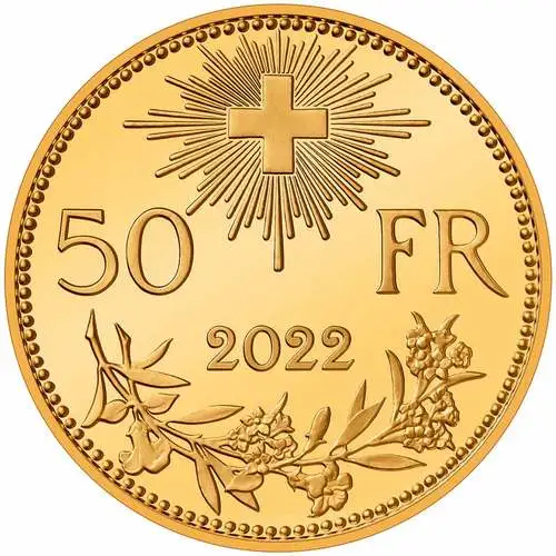 Rückseite Goldmünze 10,16 Gramm Vreneli 50 Franken 2022, der Hersteller Eidgenössische Münzstätte Swissmint