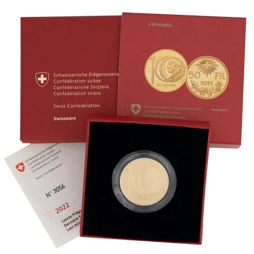 Rückseite Goldmünze 10,16 Gramm Vreneli 50 Franken 2022, der Hersteller Eidgenössische Münzstätte Swissmint Etui