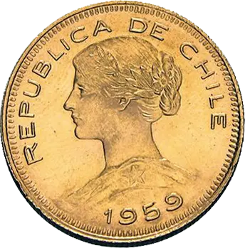 Vorderseite Goldmünze 3,66 Gramm Chile 20 Pesos diverse Jahrgänge, der Hersteller Chile Mint