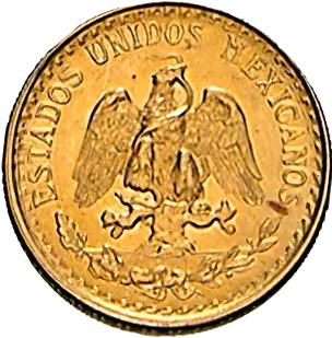 Rückseite Goldmünze 1,5 Gramm 2 Pesos Mexiko Centenario, der Hersteller Casa de Moneda de México	