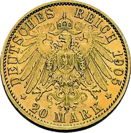 Rückseite Goldmünze 7,17 Gramm 20 Mark Deutsches Kaiserreich diverse Jahrgänge, Hersteller Diverse Münzprägestätten des Deutschen Kaiserreiches