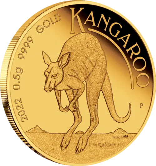 Seitenansicht Goldmünze Australien Mini Roo 2022 0,5 Gramm, der Hersteller Perth Mint Australia