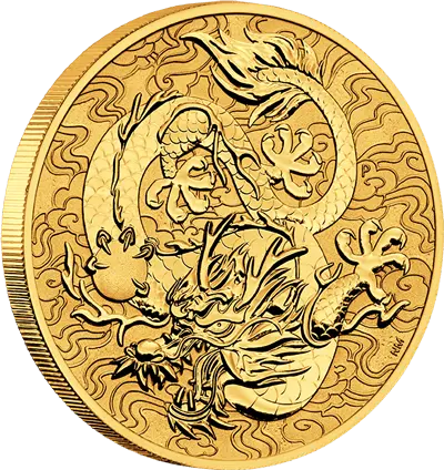 Seitenansicht Goldmünze 1 Unze Chinesische Mythen & Legenden Drache 2022, der Hersteller Perth Mint Australia