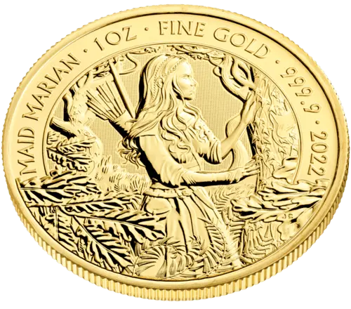 Obenansicht Vorderseite Goldmünze 1 Unze Mythen und Legenden Maid Marian 2022, der Hersteller Royal Mint