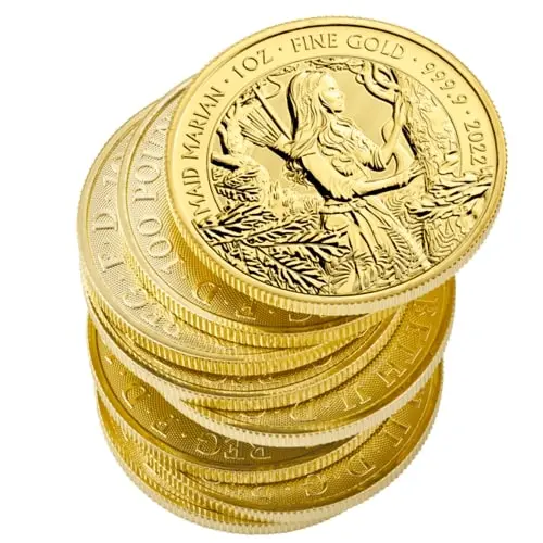 Obenansicht Stapel Goldmünzen 1 Unze Mythen und Legenden Maid Marian 2022, der Hersteller Royal Mint