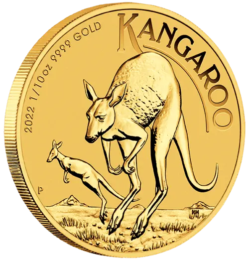 Seitenansicht Goldmünze 1/10 Unze Australien Känguru 2022, der Hersteller Perth Mint Australia