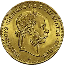 Vorderseite Goldmünze 2,91 Gramm Österreich 4 Florin diverse Jahrgänge, der Hersteller Münze Österreich