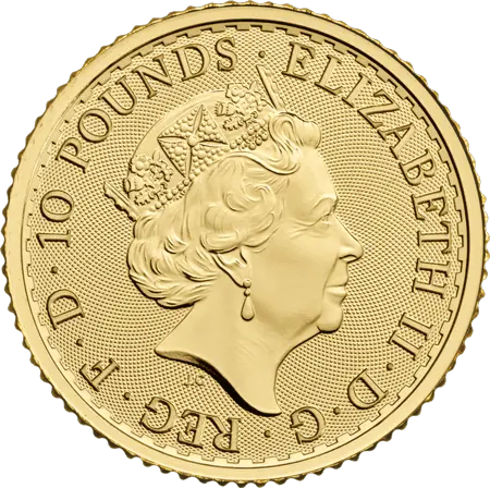 Rückseite Goldmünze 1/10 Unze Britannia 2023 Elizabeth II., der Hersteller Royal Mint