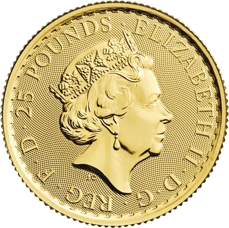 Rückseite Goldmünze 1/4 Unze Britannia 2023 Elizabeth II., der Hersteller Royal Mint