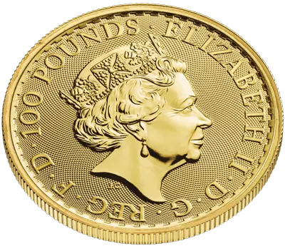 Obenansicht Rückseite Goldmünze 1 Unze Britannia 2023, der Hersteller Royal Mint