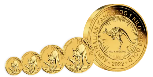 Vorderseite von der Gruppe der Goldmünzen 1 Unze Australien Känguru 2022, der Hersteller Perth Mint Australia