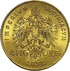 Rückseite Goldmünze 2,91 Gramm Österreich 4 Florin diverse Jahrgänge, der Hersteller Münze Österreich