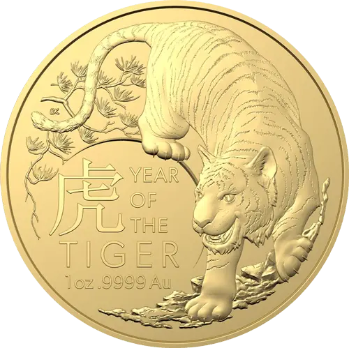 Vorderseite Goldmünze 1 Unze Australien (RAM) Lunar II Tiger 2022, der Hersteller Royal Australian Mint