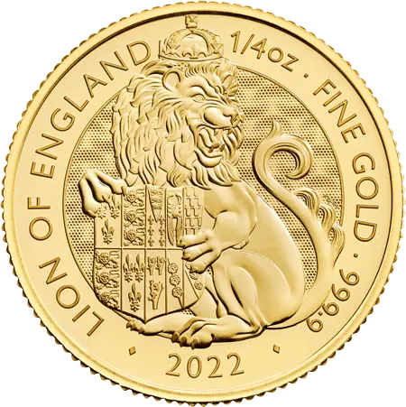 Vorderseite Goldmünze 1/4 Unze The Royal Tudor Beasts - Lion of England 2022, der Hersteller Royal Mint