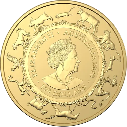 Rückseite Goldmünze 1 Unze Australien (RAM) Lunar II Ratte 2020, der Hersteller Royal Australian Mint