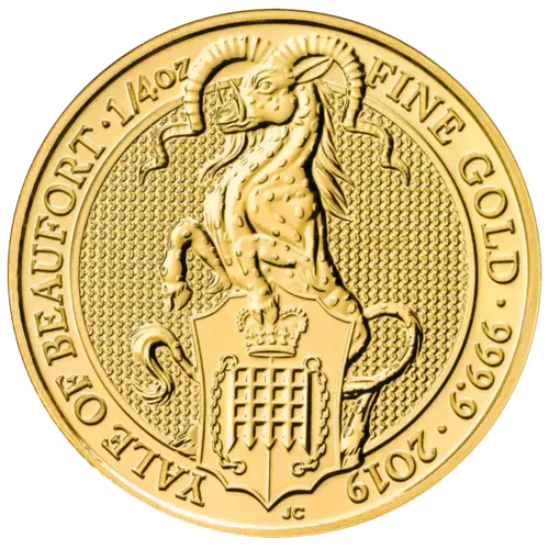 Vorderseite Goldmünze 1/4 Unze The Queen´s Beasts - Yale of Beaufort 2019, der Hersteller Royal Mint