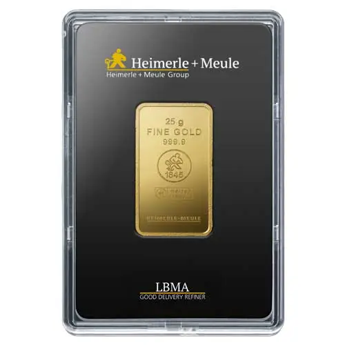 25 g Goldbarren Heimerle und Meule geprägt Blister