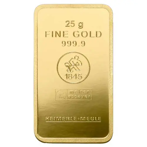 25 g Goldbarren Heimerle und Meule geprägt Vorderseite