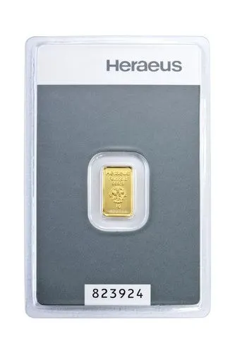 Vorderseite Goldbarren Kinebar 1 Gramm in spezieller Blisterkarte mit Zertifikat, der Hersteller Heraeus