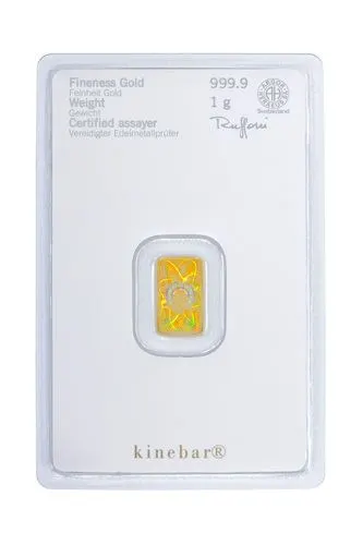 Rückseite Goldbarren Kinebar 1 Gramm in spezieller Blisterkarte mit Zertifikat, der Hersteller Heraeus