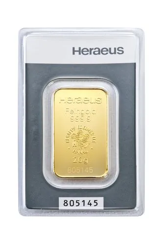 Rückseite Goldbarren Kinebar 20 Gramm in spezieller Blisterkarte mit Zertifikat, der Hersteller Argor-Heraeus