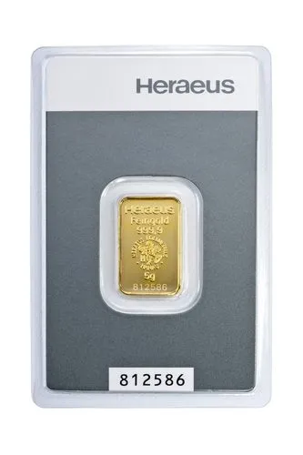 Vorderseite Goldbarren 5 Gramm in spezieller Blisterkarte mit Zertifikat, der Hersteller Heraeus