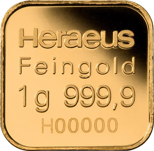 Rückseite 1 Goldbarren von Multicard 5x1 Gramm, der Hersteller Heraeus