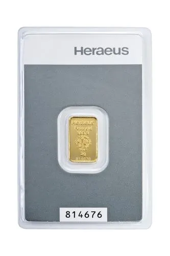 Vorderseite Goldbarren Kinebar 2 Gramm, der Hersteller Argor-Heraeus