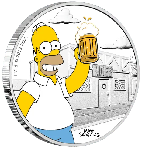 Seitenansicht der 1 Unze Silber The Simpsons Homer Simpson 2019 - Polierte Platte von Hersteller Perth Mint