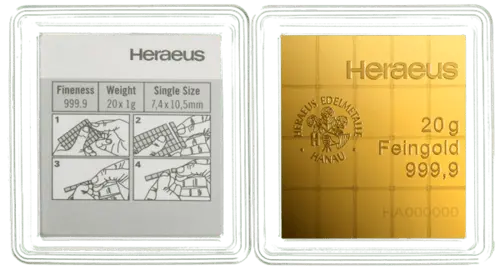 Vorderseite Goldbarren CombiBar Goldtafel 20x1 Gramm in spezieller Blisterkarte mit Zertifikat, der Hersteller Heraeus