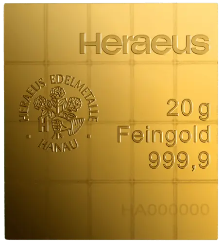 Vorderseite 1 Goldbarren von der CombiBar Goldtafel 20x1 Gramm, der Hersteller Heraeus