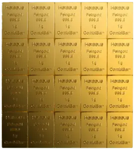 Vorderseite Goldbarren CombiBar Goldtafel 20x1 Gramm, der Hersteller Heraeus